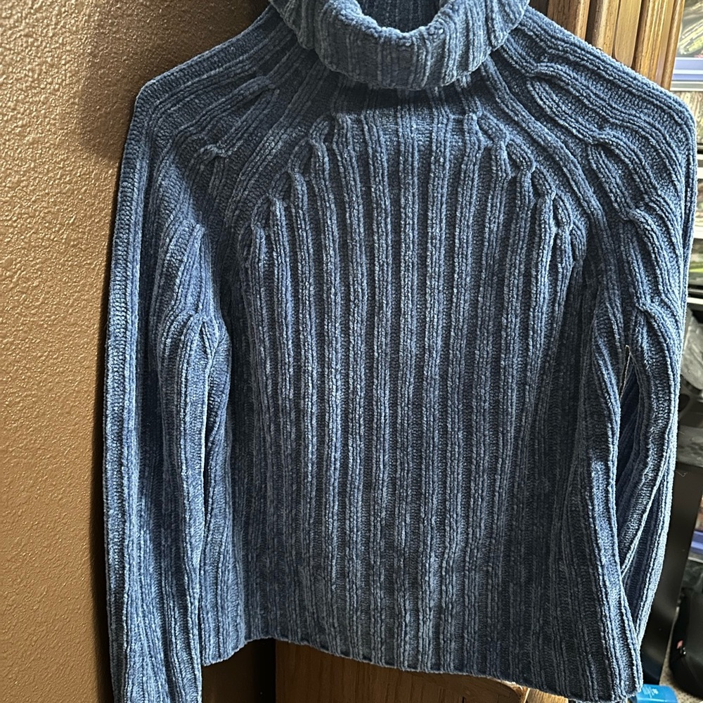 SO Women's Ribbed Blue Turtleneck Sweater